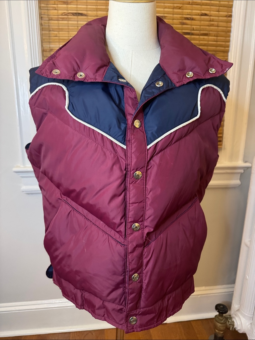 Vintage Obermeyer Down Burgundy Puffer Vest with Navy Accents